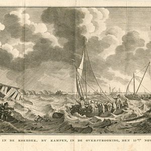 ‘Gezicht in de koekoek bij Kampen in de overstrooming den 15-den november 1775’